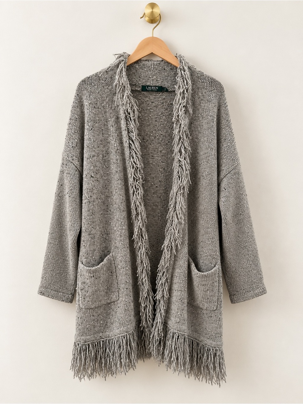 Lauren Ralph Lauren 1X Gray Fringe Open Front Cardigan Sweater